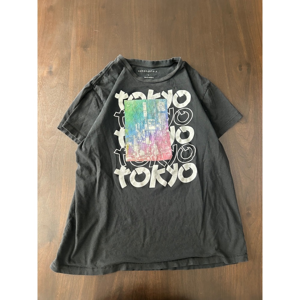 Aeropostale Mens Tokyo Graphic Tee Black Iridescent Cityscape Shirt Large
